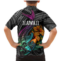 Hawaii Polynesian Family Matching Mermaid Dress and Hawaiian Shirt with Tribal Hammerhead Sharks and Hibiscus Black - Wonder Print Shop