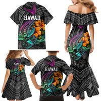 Hawaii Polynesian Family Matching Mermaid Dress and Hawaiian Shirt with Tribal Hammerhead Sharks and Hibiscus Black - Wonder Print Shop