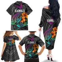 Hawaii Polynesian Family Matching Off Shoulder Long Sleeve Dress and Hawaiian Shirt with Tribal Hammerhead Sharks and Hibiscus Black - Wonder Print Shop