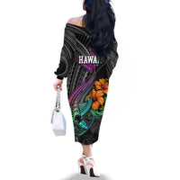 Hawaii Polynesian Family Matching Off Shoulder Long Sleeve Dress and Hawaiian Shirt with Tribal Hammerhead Sharks and Hibiscus Black - Wonder Print Shop