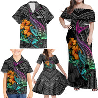 Hawaii Polynesian Family Matching Off Shoulder Maxi Dress and Hawaiian Shirt with Tribal Hammerhead Sharks and Hibiscus Black - Wonder Print Shop