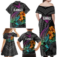 Hawaii Polynesian Family Matching Off Shoulder Maxi Dress and Hawaiian Shirt with Tribal Hammerhead Sharks and Hibiscus Black - Wonder Print Shop
