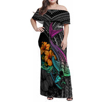 Hawaii Polynesian Family Matching Off Shoulder Maxi Dress and Hawaiian Shirt with Tribal Hammerhead Sharks and Hibiscus Black - Wonder Print Shop