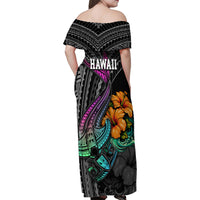 Hawaii Polynesian Family Matching Off Shoulder Maxi Dress and Hawaiian Shirt with Tribal Hammerhead Sharks and Hibiscus Black - Wonder Print Shop