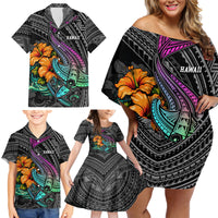 Hawaii Polynesian Family Matching Off Shoulder Short Dress and Hawaiian Shirt with Tribal Hammerhead Sharks and Hibiscus Black - Wonder Print Shop