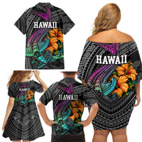 Hawaii Polynesian Family Matching Off Shoulder Short Dress and Hawaiian Shirt with Tribal Hammerhead Sharks and Hibiscus Black - Wonder Print Shop