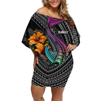 Hawaii Polynesian Family Matching Off Shoulder Short Dress and Hawaiian Shirt with Tribal Hammerhead Sharks and Hibiscus Black - Wonder Print Shop