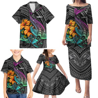 Hawaii Polynesian Family Matching Puletasi Dress and Hawaiian Shirt with Tribal Hammerhead Sharks and Hibiscus Black - Wonder Print Shop