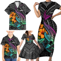Hawaii Polynesian Family Matching Short Sleeve Bodycon Dress and Hawaiian Shirt with Tribal Hammerhead Sharks and Hibiscus Black - Wonder Print Shop