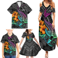 Hawaii Polynesian Family Matching Summer Maxi Dress and Hawaiian Shirt with Tribal Hammerhead Sharks and Hibiscus Black - Wonder Print Shop