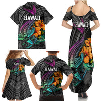 Hawaii Polynesian Family Matching Summer Maxi Dress and Hawaiian Shirt with Tribal Hammerhead Sharks and Hibiscus Black - Wonder Print Shop