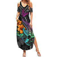 Hawaii Polynesian Family Matching Summer Maxi Dress and Hawaiian Shirt with Tribal Hammerhead Sharks and Hibiscus Black - Wonder Print Shop