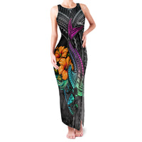 Hawaii Polynesian Family Matching Tank Maxi Dress and Hawaiian Shirt with Tribal Hammerhead Sharks and Hibiscus Black - Wonder Print Shop