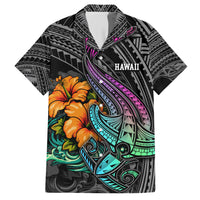 Hawaii Polynesian Hawaiian Shirt with Tribal Hammerhead Sharks and Hibiscus Black - Wonder Print Shop