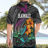 Hawaii Polynesian Hawaiian Shirt with Tribal Hammerhead Sharks and Hibiscus Black - Wonder Print Shop