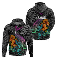 Hawaii Polynesian Hoodie with Tribal Hammerhead Sharks and Hibiscus Black - Wonder Print Shop