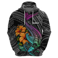 Hawaii Polynesian Hoodie with Tribal Hammerhead Sharks and Hibiscus Black - Wonder Print Shop