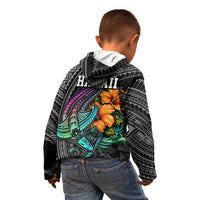 Hawaii Polynesian Kid Hoodie with Tribal Hammerhead Sharks and Hibiscus Black - Wonder Print Shop