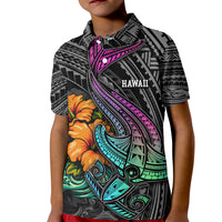 Hawaii Polynesian Kid Polo Shirt with Tribal Hammerhead Sharks and Hibiscus Black - Wonder Print Shop