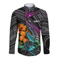 Hawaii Polynesian Long Sleeve Button Shirt with Tribal Hammerhead Sharks and Hibiscus Black - Wonder Print Shop