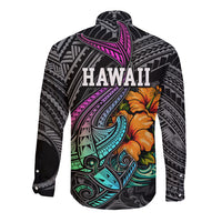Hawaii Polynesian Long Sleeve Button Shirt with Tribal Hammerhead Sharks and Hibiscus Black - Wonder Print Shop