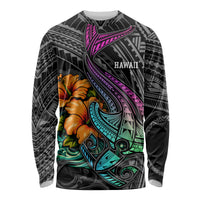 Hawaii Polynesian Long Sleeve Shirt with Tribal Hammerhead Sharks and Hibiscus Black - Wonder Print Shop