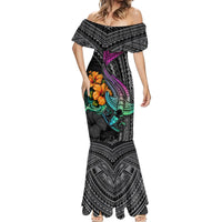 Hawaii Polynesian Mermaid Dress with Tribal Hammerhead Sharks and Hibiscus Black - Wonder Print Shop