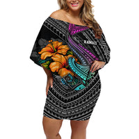 Hawaii Polynesian Off Shoulder Short Dress with Tribal Hammerhead Sharks and Hibiscus Black - Wonder Print Shop