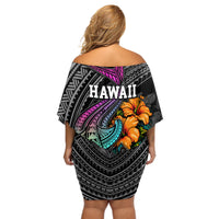Hawaii Polynesian Off Shoulder Short Dress with Tribal Hammerhead Sharks and Hibiscus Black - Wonder Print Shop