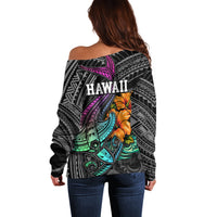 Hawaii Polynesian Off Shoulder Sweater with Tribal Hammerhead Sharks and Hibiscus Black - Wonder Print Shop