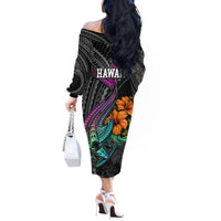 Hawaii Polynesian Off The Shoulder Long Sleeve Dress with Tribal Hammerhead Sharks and Hibiscus Black - Wonder Print Shop