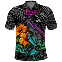 Hawaii Polynesian Polo Shirt with Tribal Hammerhead Sharks and Hibiscus Black - Wonder Print Shop