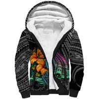 Hawaii Polynesian Sherpa Hoodie with Tribal Hammerhead Sharks and Hibiscus Black - Wonder Print Shop