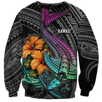 Hawaii Polynesian Sweatshirt with Tribal Hammerhead Sharks and Hibiscus Black - Wonder Print Shop