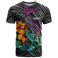 Hawaii Polynesian T Shirt with Tribal Hammerhead Sharks and Hibiscus Black - Wonder Print Shop