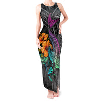 Hawaii Polynesian Tank Maxi Dress with Tribal Hammerhead Sharks and Hibiscus Black - Wonder Print Shop