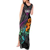 Hawaii Polynesian Tank Maxi Dress with Tribal Hammerhead Sharks and Hibiscus Black - Wonder Print Shop