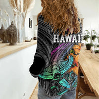Hawaii Polynesian Women Casual Shirt with Tribal Hammerhead Sharks and Hibiscus Black - Wonder Print Shop
