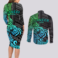 Zodiac Cancer Couples Matching Long Sleeve Bodycon Dress and Long Sleeve Button Shirts Polynesian in Gradient Blue - Wonder Print Shop