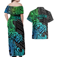 Zodiac Cancer Couples Matching Off Shoulder Maxi Dress and Hawaiian Shirt Polynesian in Gradient Blue - Wonder Print Shop