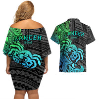 Zodiac Cancer Couples Matching Off Shoulder Short Dress and Hawaiian Shirt Polynesian in Gradient Blue - Wonder Print Shop