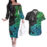 Zodiac Cancer Couples Matching Off The Shoulder Long Sleeve Dress and Hawaiian Shirt Polynesian in Gradient Blue - Wonder Print Shop