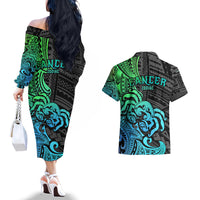 Zodiac Cancer Couples Matching Off The Shoulder Long Sleeve Dress and Hawaiian Shirt Polynesian in Gradient Blue - Wonder Print Shop
