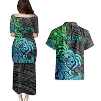 Zodiac Cancer Couples Matching Puletasi Dress and Hawaiian Shirt Polynesian in Gradient Blue - Wonder Print Shop