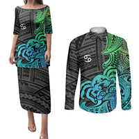 Zodiac Cancer Couples Matching Puletasi Dress and Long Sleeve Button Shirts Polynesian in Gradient Blue - Wonder Print Shop