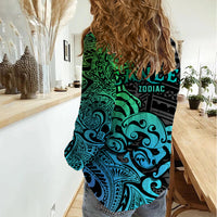 Zodiac Cancer Women Casual Shirt Polynesian in Gradient Blue - Wonder Print Shop