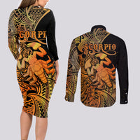 Zodiac Scorpio Couples Matching Long Sleeve Bodycon Dress and Long Sleeve Button Shirts Polynesian in Orange - Wonder Print Shop