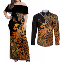 Zodiac Scorpio Couples Matching Off Shoulder Maxi Dress and Long Sleeve Button Shirts Polynesian in Orange - Wonder Print Shop