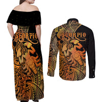 Zodiac Scorpio Couples Matching Off Shoulder Maxi Dress and Long Sleeve Button Shirts Polynesian in Orange - Wonder Print Shop