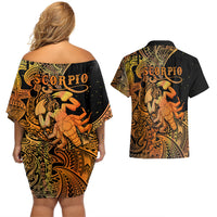 Zodiac Scorpio Couples Matching Off Shoulder Short Dress and Hawaiian Shirt Polynesian in Orange - Wonder Print Shop